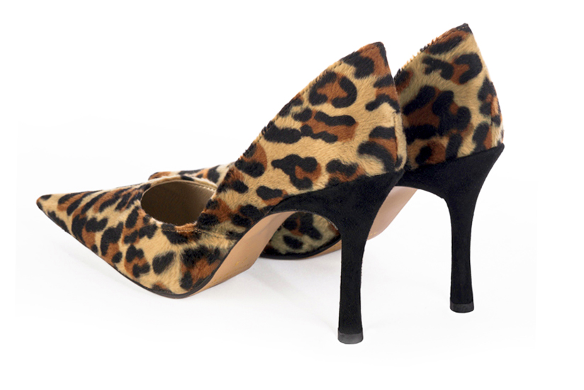 Safari black women's open arch dress pumps. Pointed toe. Very high slim heel. Rear view - Florence KOOIJMAN